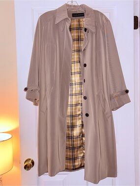 Harve Benard Beige Trench Coat with Yellow Plaid Lining